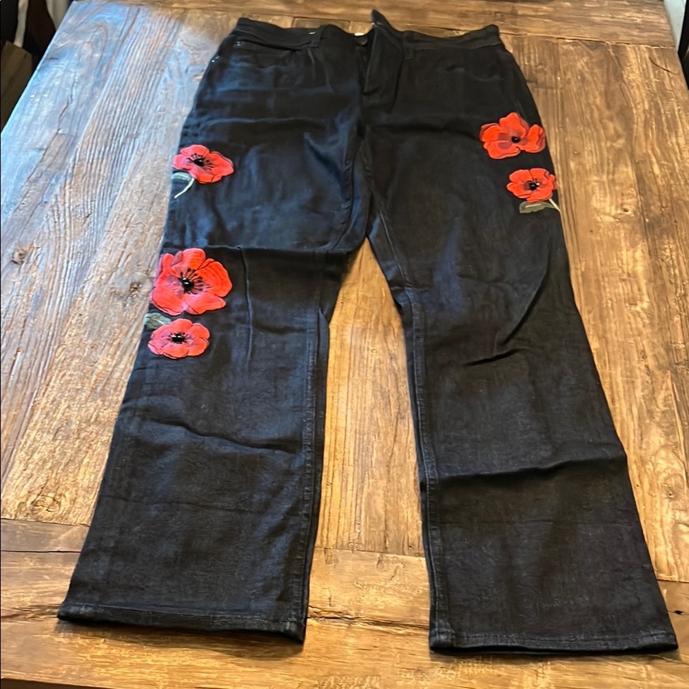 Black Jeans with Red Floral Embroidery and Beading